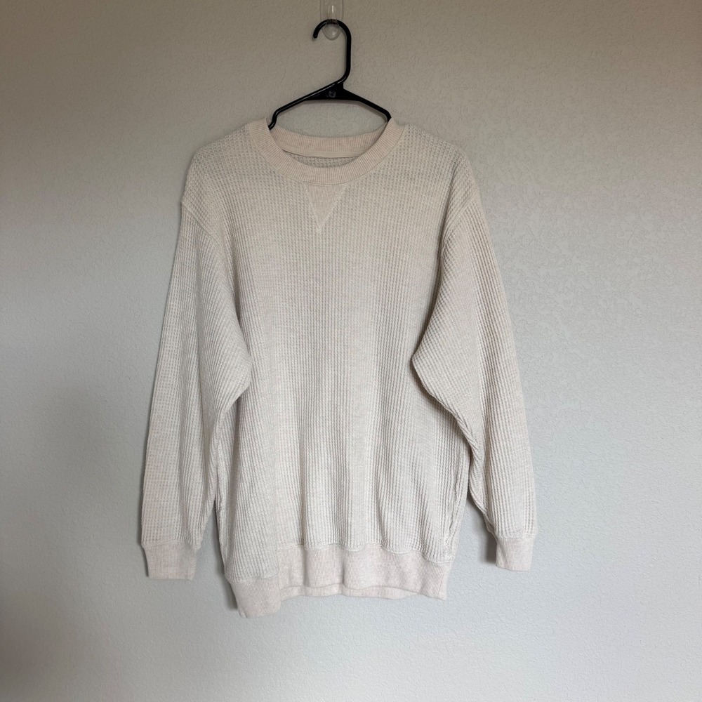 Aerie Waffle Knit Sweatshirt Cream Oatmeal Oversized Crew Neck Pullover Small